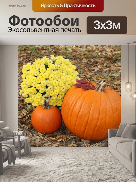 Фотообои Тыквы и осенние цветы в листьях