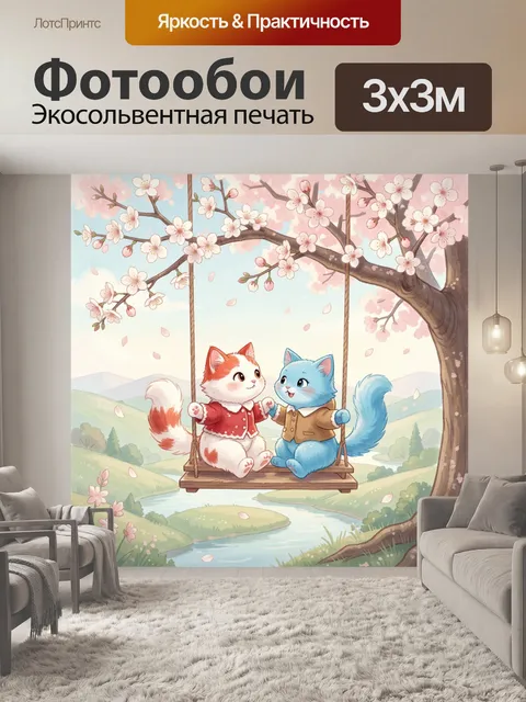 Фотообои Два котенка на качелях под сакурой