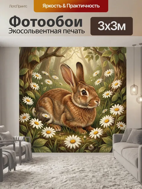 Фотообои Заяц среди ромашек в лесу