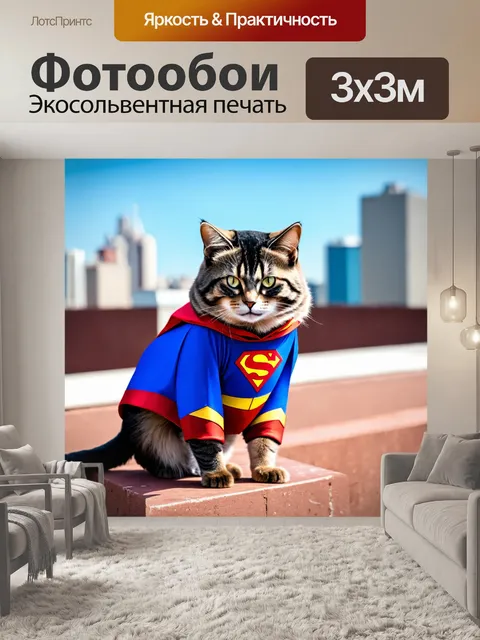 Фотообои кошка в костюме супергероя на rooftop
