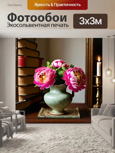 Фотообои пионы в стиле ретро, в старинной вазе с потертостями, окруженные старыми книгами и канделябром, создающими…