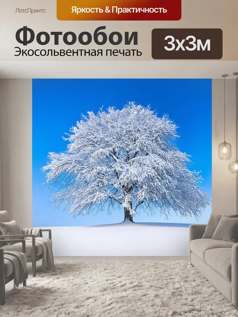 Фотообои дерево, покрытое снегом в зимний светлый день, с холодными оттенками голубого и белого на фоне ярко-синего…