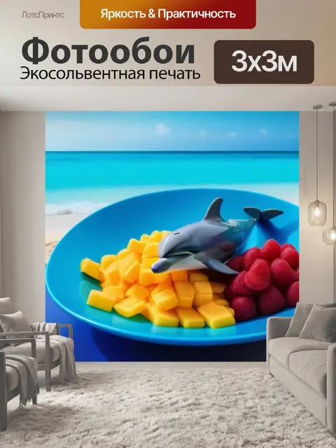 Фотообои тропическая закуска на пляже с дельфинами вдалеке