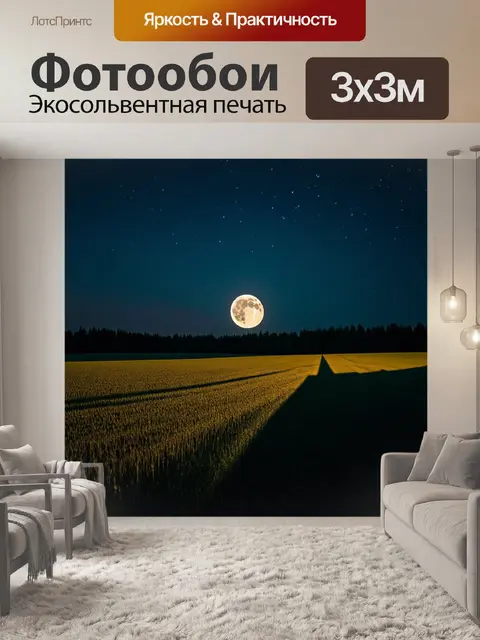 Фотообои поле, освещенное луной в ночное время, где тени от деревьев создают мистическую атмосферу и ощущение…