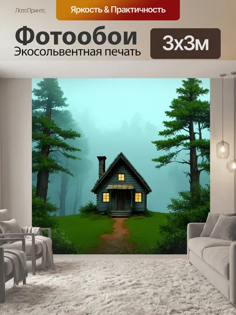 Фотообои туман в стиле вектор с маленьким домиком, окруженным туманом и деревьями