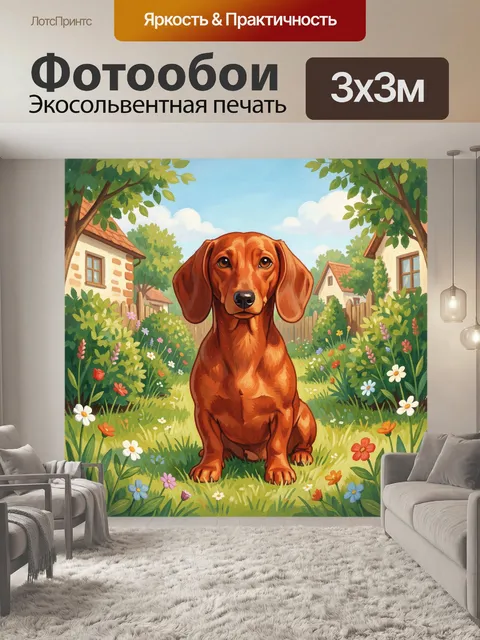 Фотообои Рыжая такса в цветущем саду