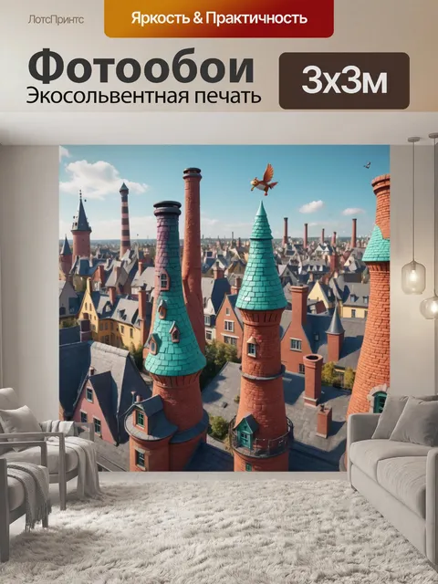 Фотообои город в стиле маскот, магические элементы, как сказочные дымоходы и летающие маскоты