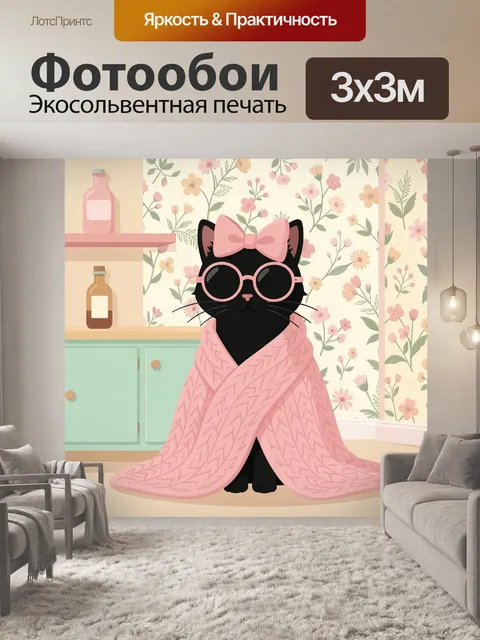 Фотообои Черная кошка в розовом пледе