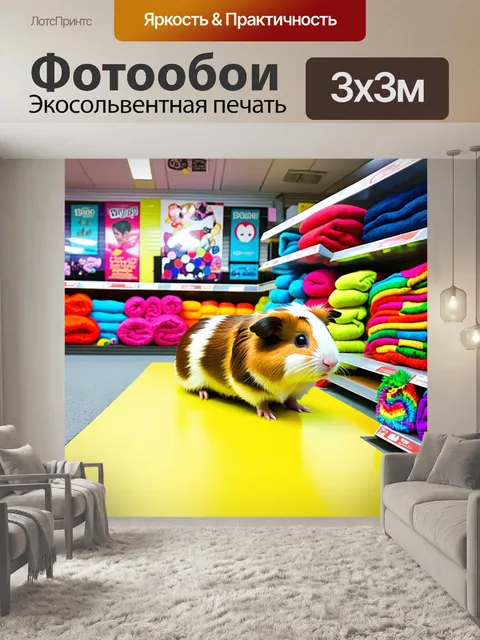 Фотообои на ярком зоомагазине с большими витринами морская свинка играется с цветными игрушками на фоне ярких вешалок…