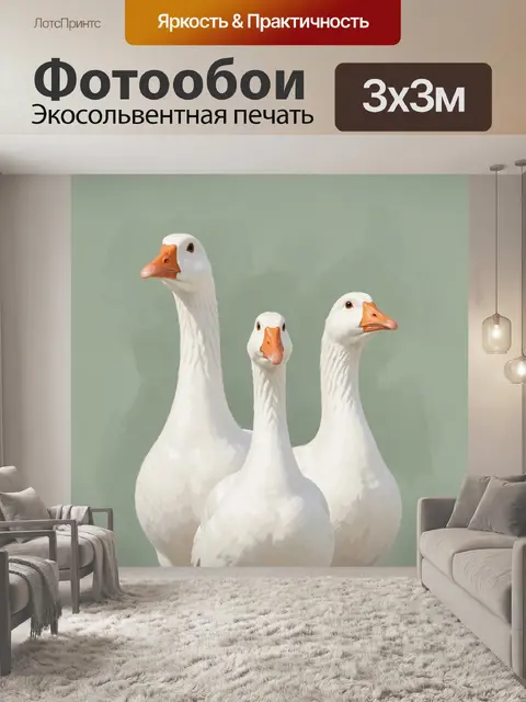 Фотообои Три белых гуся на зелёном фоне