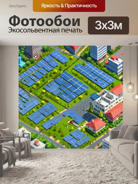 Фотообои город в стиле изометрическая иллюстрация, экологический город, солнечные панели, парковая зона