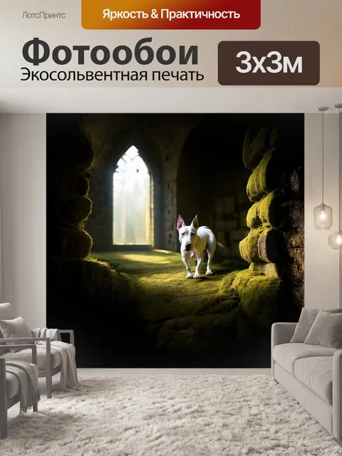 Фотообои белый бультерьер, исследующий старинный замок, его тень отбрасывается на каменные стены, украшенные мхом