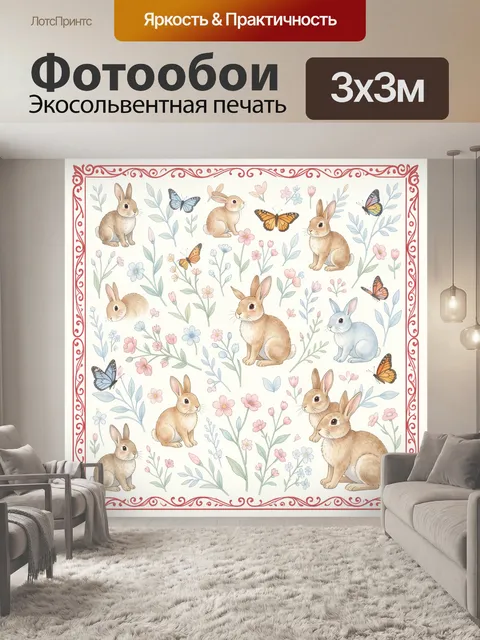 Фотообои Зайчики среди цветов и бабочек