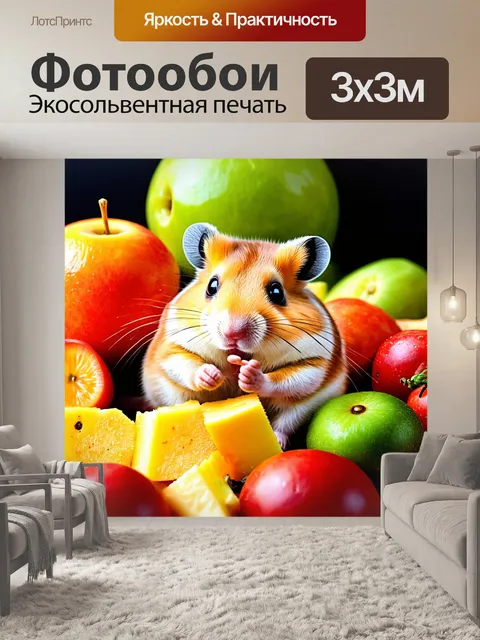 Фотообои хомяк, сидящий на большой куче свежих фруктов и овощей, в ярких цветах и текстурах