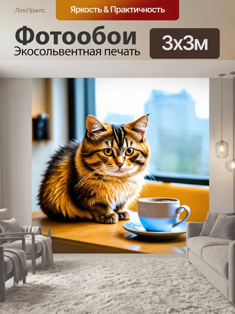 Фотообои кошка, сидящая на столе с чашкой кофе
