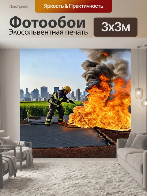 Фотообои пожарный, забирающийся на крыше здания, согнутый под тяжестью шланга, работая над тушением огня, излучает…