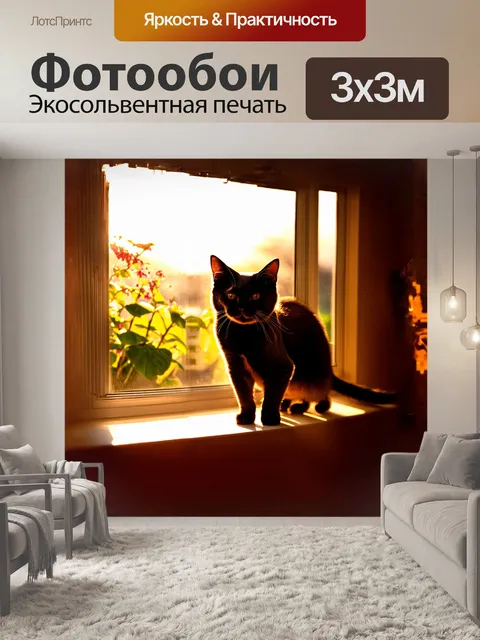 Фотообои чёрная ориентальная кошка стоит на подоконнике, с интересом наблюдая за миром за окном