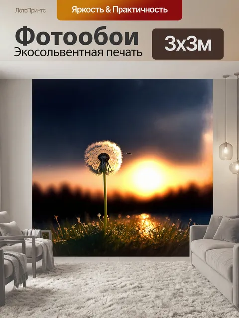 Фотообои мягкий контраст светлого одуванчика на фоне темного заката создает эффектный пейзаж