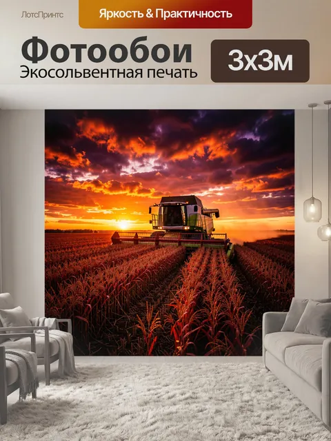 Фотообои Комбайн в поле на закате