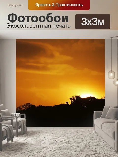 Фотообои яркое заходящее солнце в золотом небе