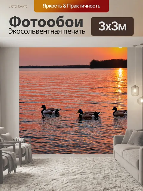 Фотообои закат на озере, спокойная поверхность воды, отражающая небо, группы уток скользят по воде, светлой лунной…