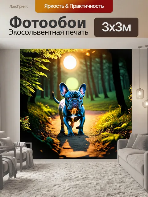 Фотообои вечерний лес, где синий французский бульдог идет по тропе, уставившись на яркие глаза вечерних насекомых