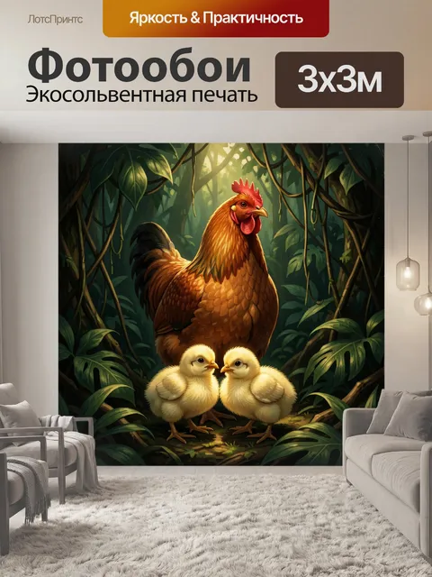 Фотообои Курица с цыплятами в джунглях