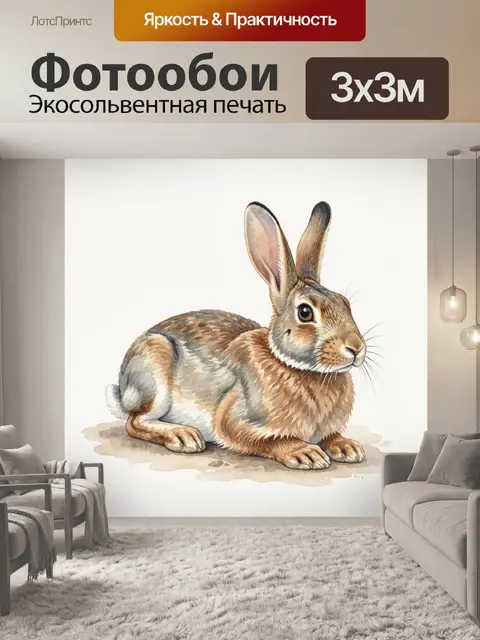 Фотообои Акварельный кролик на белом фоне