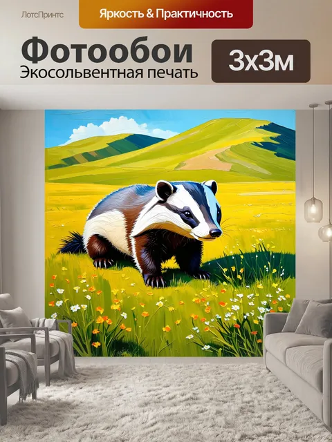 Фотообои на открытом поле, у подножия крутых холмов, барсук наслаждается солнечным днем