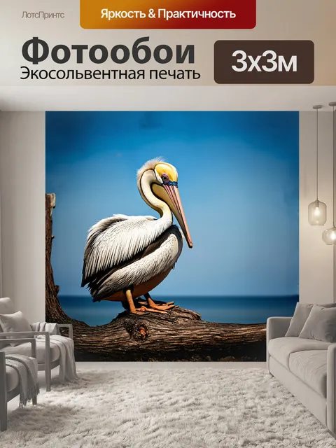 Фотообои величественный пеликан с кудрявым оперением сидит на дереве