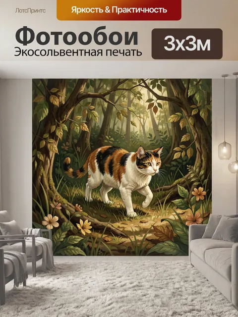 Фотообои Трёхцветная кошка в лесу