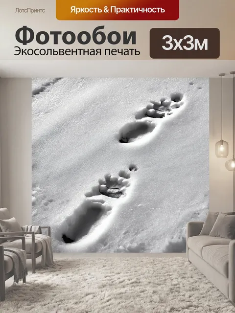 Фотообои черно-белый, на которых изображены свежие следы на снегу, создающие ощущение тишины и спокойствия
