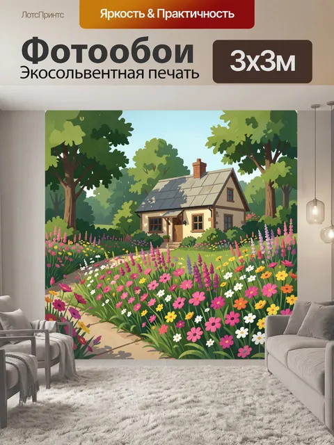 Фотообои Домик в цветущем саду
