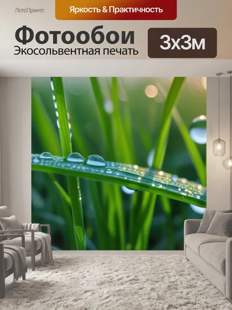 Фотообои хрустальные капли росы на траве при рассвете