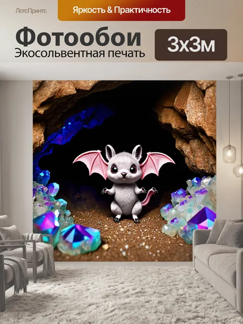 Фотообои животные в стиле дудл, милые летучие мыши в пещере с яркими кристаллами