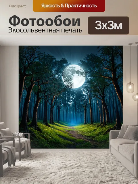 Фотообои лес с полным луной, создающей мистический свет на земле и деревьях