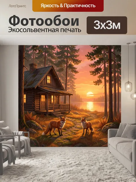 Фотообои Лесной домик у озера на закате