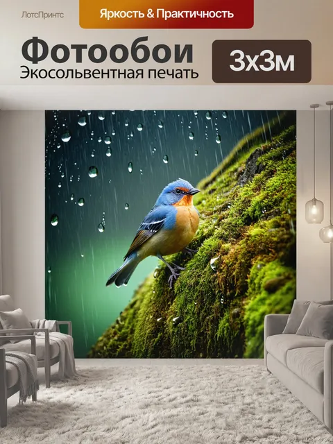 Фотообои птица, сидящая на старой каменной стене, покрытой мхом, под дождем, с детализированными каплями воды…