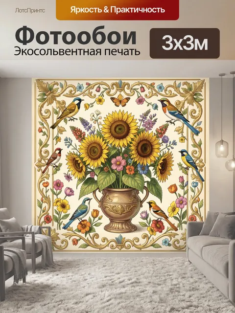 Фотообои Подсолнухи в вазе и птицы