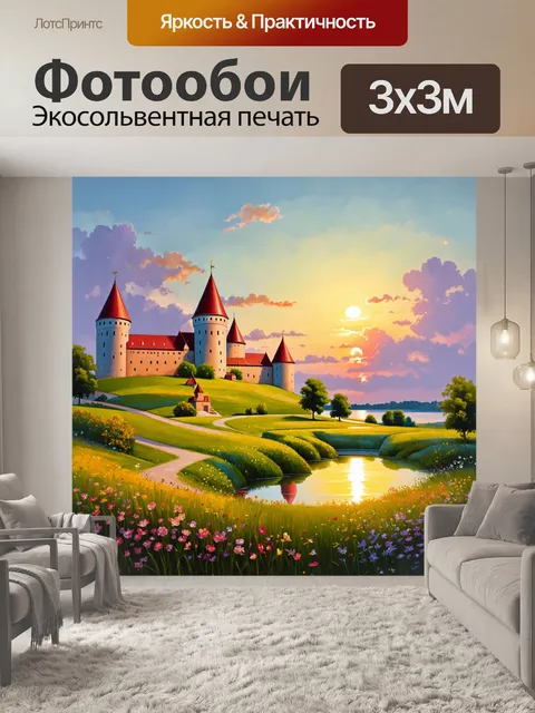 Фотообои пейзаж, изображающий освещённую солнцем крепость на закате, окружённую цветущими лугами и прудом