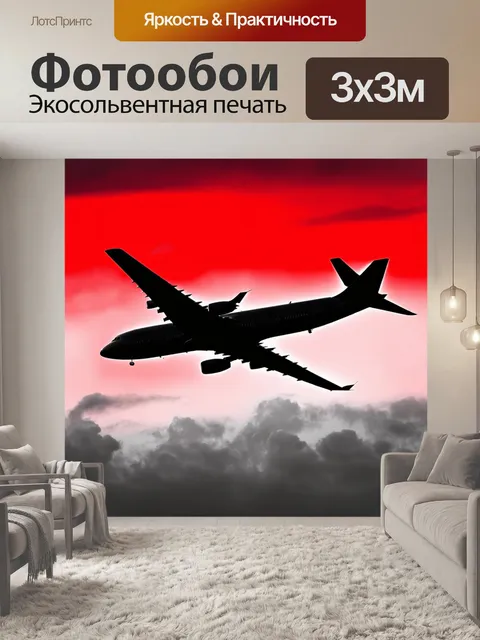 Фотообои самолет в черно-белом стиле, пролетает мимо красного заката с выложенными облаками