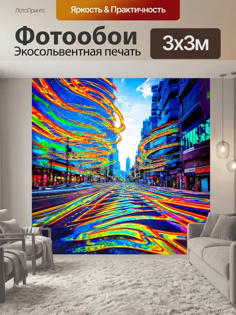 Фотообои город в стиле психоделизм, волны энергии, пронизывающие улицы, создающие ощущение движения