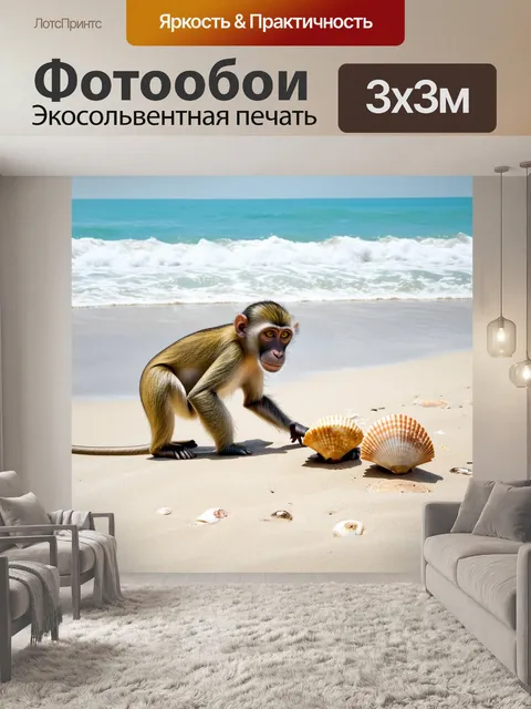 Фотообои на побережье бали, среди морских волн и песка, обезьяна исследует оставленные ракушки, находя прелесть в…