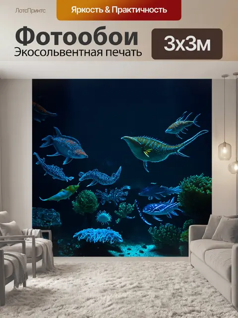 Фотообои темный фон, на котором изображены разнообразные морские создания, светящиеся в темноте, создавая подводный…