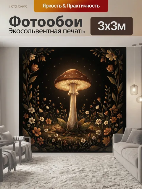 Фотообои Светящийся гриб среди лесных цветов