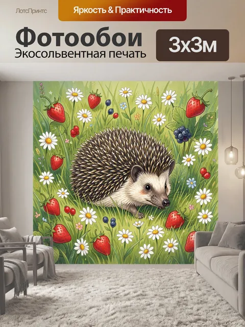 Фотообои Ежик среди клубники и цветов