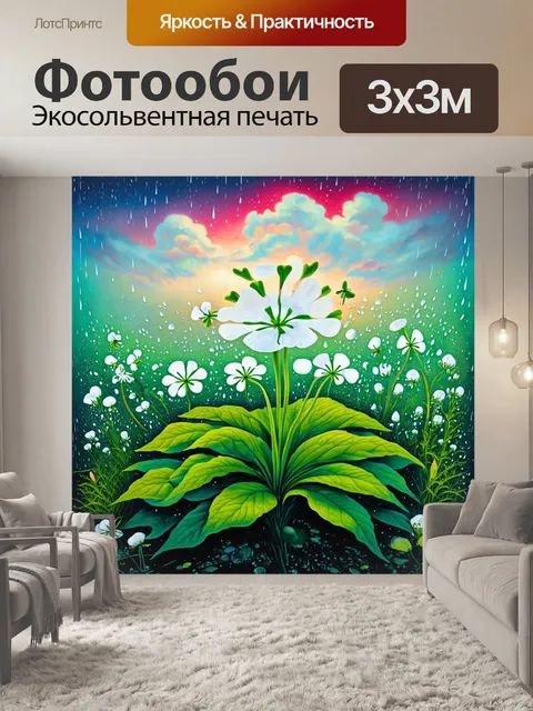 Фотообои промт: "литография, изображающая белый клевер в естественной среде обитания, щедро увенчанную каплями дождя