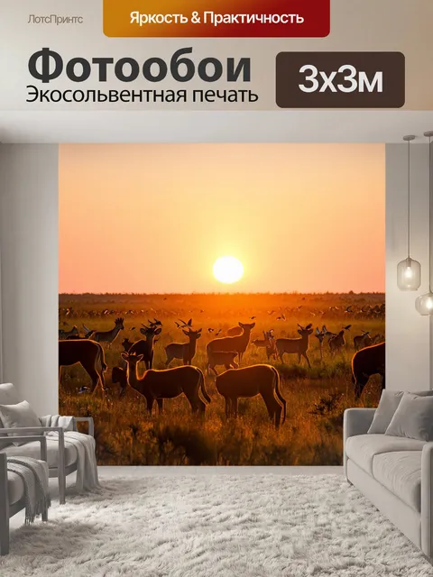 Фотообои закат в дикой природе, множество зверей, пение птиц, вечерняя симфония