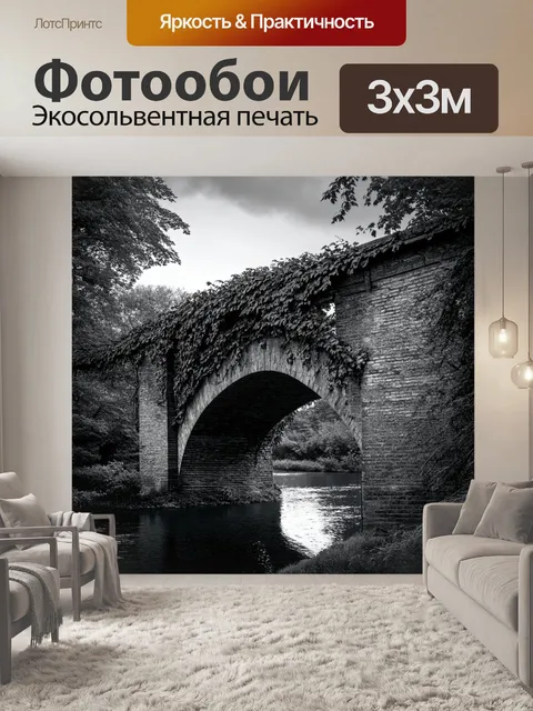 Фотообои древний мост, увитый лианами, сияющий черно-белым светом между деревьями