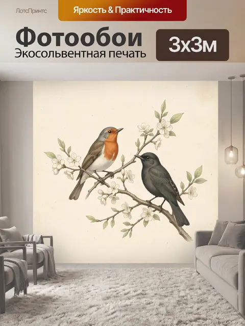 Фотообои Две птицы на цветущей ветке